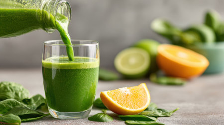 A green smoothie is being poured into a glass on a kitchen table. Fresh oranges and limes sit nearby, along with spinach leaves, creating a healthy and vibrant atmosphere.の素材