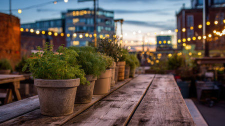Potted herbs are arranged on a rustic wooden table as the city skyline glows in the twilight. String lights create a cozy atmosphere in this lively urban garden.の素材