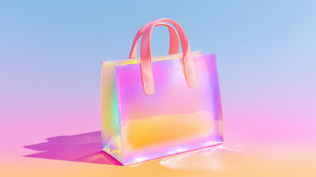 A transparent handbag with pastel pink handles sits on a vibrant background of blue and pink. The bag reflects light, creating a shiny appearance, ideal for modern fashion.の素材