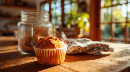 A warm, golden muffin rests on a rustic wooden table in a bright kitchen. Sunlight pours through the windows, creating a cozy atmosphere. A jar and a kitchen cloth are nearby.の素材
