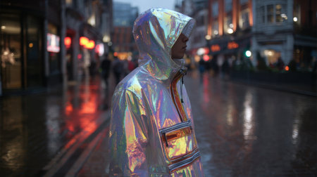 A person stands under a rainy sky, wearing a shiny hooded jacket. The street is bustling with people and illuminated by city lights during the evening. Reflections shimmer on the wet pavement.の素材