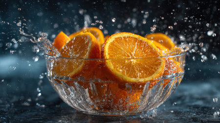 Juicy orange slices sit in a glass bowl filled with water, creating a lively splash as they are dropped. The bright color stands out against the dark surface, emphasizing freshness and vitality.の素材