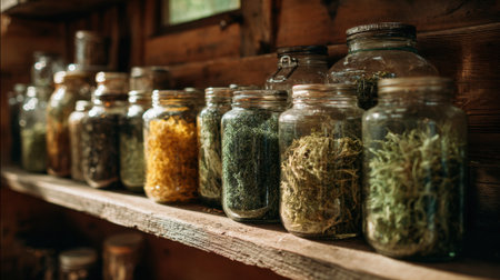 A wooden shelf displays an array of glass jars containing different dried herbs. The warm ambiance reflects the cozy atmosphere of a rustic cabin, inviting exploration.の素材