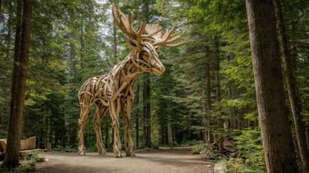 A massive wooden moose sculpture rises prominently in a lush green forest, surrounded by towering trees and dappled sunlight. This striking artwork captures attention in a natural setting.の素材