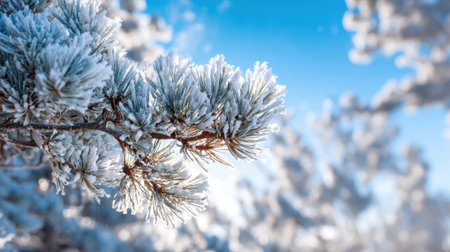 Frost coats the pine branches, sparkling in the sunlight against a bright blue sky. This picturesque scene captures the beauty of winter in a tranquil natural environment.の素材