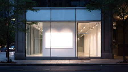 An art gallery stands quietly at night with bright lights illuminating its empty showcase. The spacious interior hints at potential exhibitions in a bustling downtown area.の素材