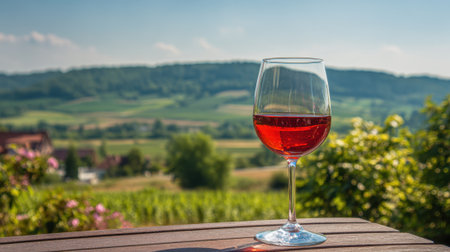 A glass filled with red wine sits on a wooden table. In the background, vast green vineyards stretch out towards rolling hills under a bright blue sky during late afternoon.の素材