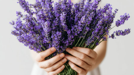 A person holds a fresh bouquet of lavender flowers in a gentle embrace, capturing the vibrant colors and fragrant essence of nature. The scene highlights simplicity and elegance.の素材
