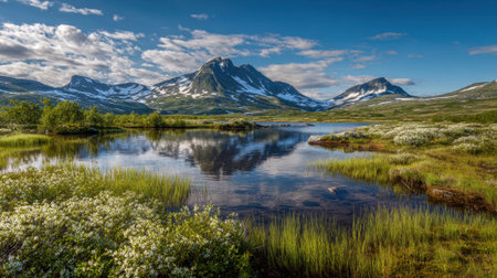 A peaceful mountain scene features a clear lake reflecting the sky and surrounding peaks, with lush greenery and flowers adding beauty to the peaceful environment.の素材