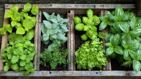 Various herbs are arranged neatly in wooden crates, showing vibrant greens. The setting suggests a peaceful garden environment filled with sunlight.の素材
