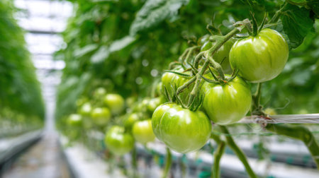Rows of green tomatoes hang from slender vines in a spacious greenhouse. The environment is warm and humid, showing healthy plants thriving under controlled conditions.の素材