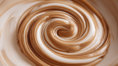 A rich and creamy mixture swirls together in a bowl, combining shades of brown and white. The smooth texture creates an inviting pattern, perfect for desserts or drinks.の素材