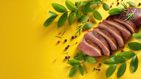 Sliced roasted duck showcases tender meat garnished with fresh herbs and colorful spices. The bright yellow background enhances the vibrant presentation, making it visually appealing.の素材