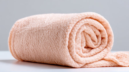 A neatly rolled soft peach towel is placed on a clean, smooth surface in an indoor setting. The gentle texture and color create a serene atmosphere.の素材