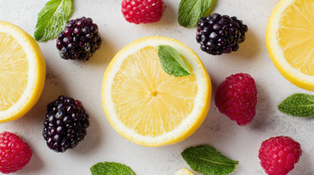 Juicy lemon slices are surrounded by fresh blackberries and raspberries, all accented with vibrant green mint leaves. This colorful display captures the essence of fresh produce.の素材