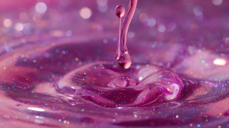 A close view captures colorful liquid swirling with shimmering sparkles as a droplet falls into it. The vibrant hues blend beautifully, creating an enchanting scene.の素材
