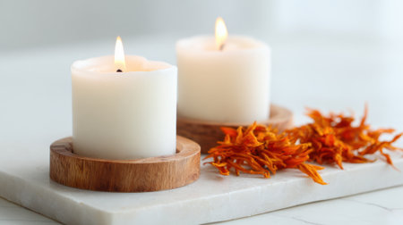 Two white candles burn brightly on wooden holders next to a cluster of vibrant marigold petals. This simple arrangement brings a calming atmosphere to the room.の素材
