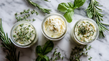 On a marble countertop, three jars filled with different fresh herb dips are showcased. Surrounding the jars are sprigs of basil, thyme, and rosemary, enhancing the colorful arrangement.の素材