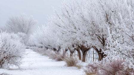 Frosted trees covered in snow create a serene winter scene along a pathway. The landscape is peaceful, showing the beauty of nature in a rural setting during winter.の素材