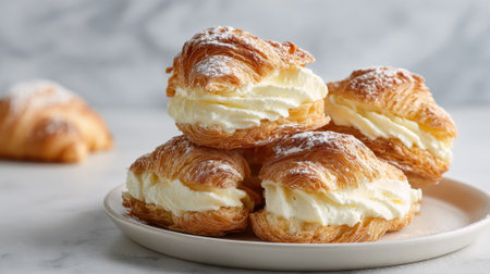 Flaky croissants filled with sweet cream are arranged neatly on a white plate. The cozy kitchen background hints at a warm baking environment, inviting all dessert lovers.の素材
