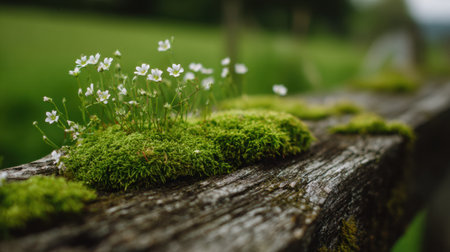 Delicate white flowers grow among lush green moss on a rustic piece of wood. The scene captures the beauty of nature, with a soft green backdrop indicating a peaceful spring day.の素材
