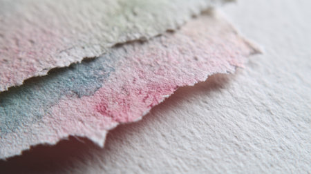 Delicate pieces of watercolor paper are layered with soft pastel hues, showing the unique texture and frayed edges that highlight the beauty of handmade art materials.の素材
