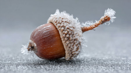 An acorn with a frosty cap lies on a chilled surface. The surrounding ice crystals glimmer softly, highlighting the beauty of winter. Nature's details are captured in this serene moment.の素材