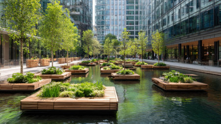 Visitors enjoy a tranquil urban space filled with wooden platforms and lush greenery in clear water. Modern buildings surround this vibrant area on a sunny afternoon.の素材