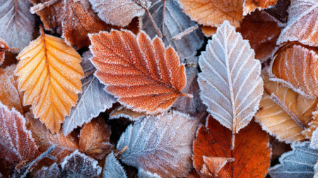 Frost-covered leaves in shades of orange, red, and brown create a beautiful scene on the forest floor. The cold morning air enhances the vibrant colors of autumn.の素材