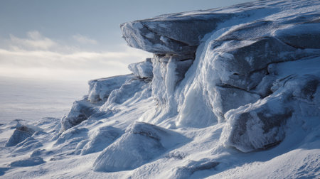 Beautiful cliffs adorned with ice and snow showcase nature's artistry in a frozen landscape during early morning light. The serene scene captures the stillness of winter.の素材