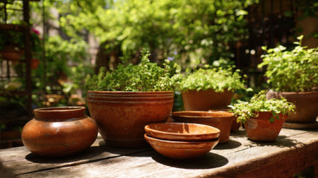 Clay pots display vibrant green herbs like basil and thyme in a sunlit garden. The surrounding area is lush with foliage, enhancing the natural beauty and tranquility of the space.の素材