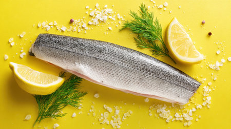 A clean fish fillet sits on a vibrant yellow surface, surrounded by lemon wedges and fresh herbs. The bright colors enhance its appeal for culinary preparation or presentation.の素材