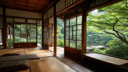 A traditional Japanese room showcases shoji screens and tatami mats, offering a peaceful view of a lush garden with greenery. The quiet ambiance reflects a serene atmosphere perfect for relaxation.の素材