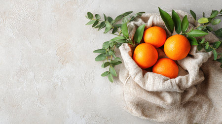 Four bright oranges sit in a soft cloth bag, complemented by leafy greenery. The light, neutral background highlights the vibrant colors of the fruit and the texture of the fabric.の素材