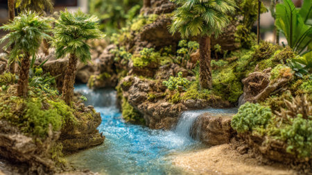 A detailed miniature scene showcases a waterfall surrounded by vibrant greenery and palms. The peaceful stream flows gently through rocks, enhancing the tranquil atmosphere.の素材