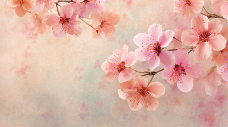 Cherry blossoms bloom in soft pink hues against a gentle pastel background, creating a tranquil scene that embodies the essence of springtime beauty and renewal.の素材