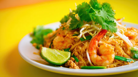 Shrimp stir-fried noodles are presented on a bright plate, garnished with fresh cilantro and lime. This colorful dish tempts food lovers with its vibrant ingredients and flavors.の素材
