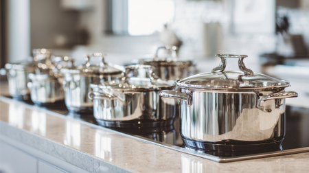 A collection of polished stainless steel pots and pans sits on a sleek kitchen stove, reflecting the soft light from nearby windows. The kitchen is spacious and stylishly designed.の素材