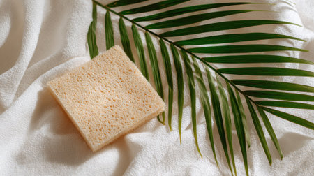 A soft sponge lies on white fabric beside a vibrant green palm leaf, creating a calm and refreshing atmosphere. Natural light enhances the soothing scene.の素材