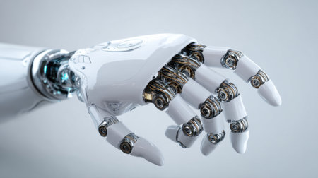A close-up view of a sleek robotic hand featuring advanced mechanics. This demonstration takes place in a high-tech lab, showcasing robotic capabilities and innovation.の素材