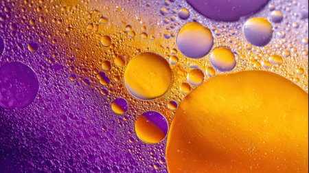 The scene features an array of colorful bubbles and droplets floating in vibrant purple and orange liquids. The abstract design captures the beauty of liquid textures and colors.の素材