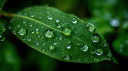 Glimmering droplets rest on glossy green leaves, capturing the light beautifully. This scene is set in a lush garden shortly after a gentle rain shower, showing nature's brilliance.の素材