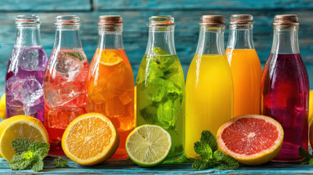 A variety of colorful drinks are displayed in glass bottles on a rustic wooden surface. Fresh citrus fruits and mint leaves surround the bottles, adding vibrant details to the scene.の素材