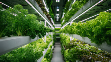 Lush green lettuce and herbs fill multiple shelves in an indoor vertical farm. The space features artificial lighting, providing optimal growing conditions for plants in a modern setting.の素材