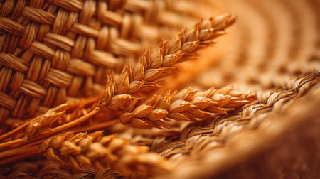 Golden wheat stalks lie gently on a woven basket, highlighting the textures of both the grains and the craft. This scene captures a peaceful, rustic atmosphere, rich with natural tones.の素材