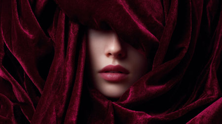 A woman is shrouded in rich red velvet fabric, with only her lips and part of her face visible. The scene captures a sense of intrigue and elegance, set in a studio with soft lighting.の素材