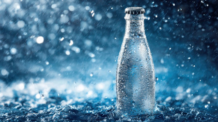 A glass bottle filled with clear liquid stands amidst a heavy rain shower, creating a refreshing scene. Water droplets glisten against a cool blue background.の素材