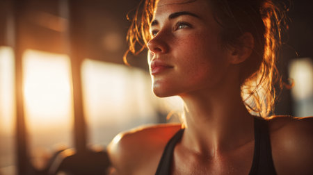 A young woman stands in the gym, looking serene as sunlight streams through the windows. She deep appears in thought, reflecting on her fitness journey and goals.の素材