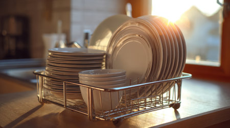 Clean dishes are stacked neatly in a drying rack next to a sunny window. The warm light highlights the simple kitchen setting in the late afternoon.の素材