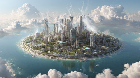 A modern city with towering skyscrapers and lush greenery is surrounded by water. The clouds above create a breathtaking sunset, enhancing the scene's beauty and tranquility.の素材